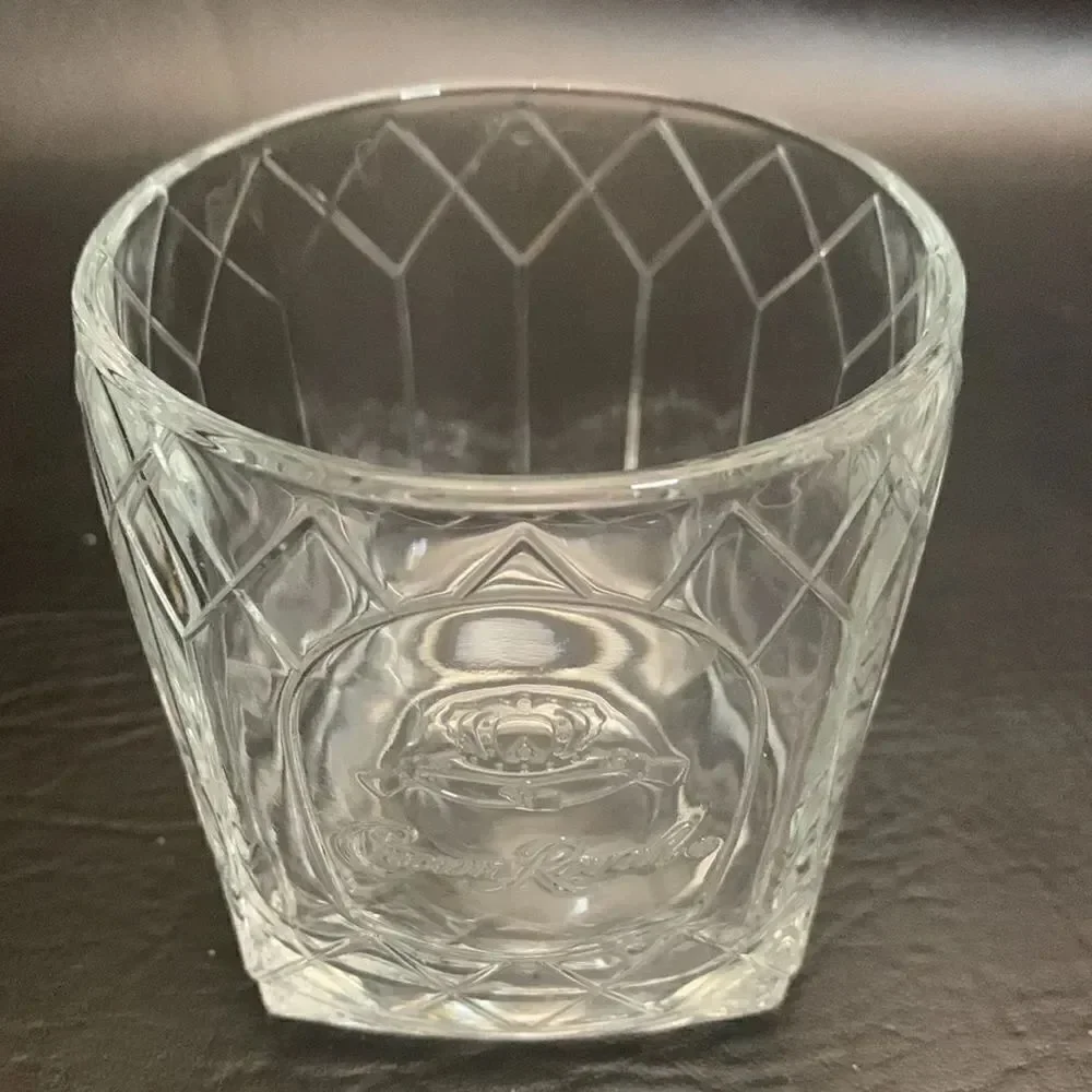 Crown Royal Whiskey 2 Glasses Embossed Stamped Diamond Cut Rocks Bar Cocktail